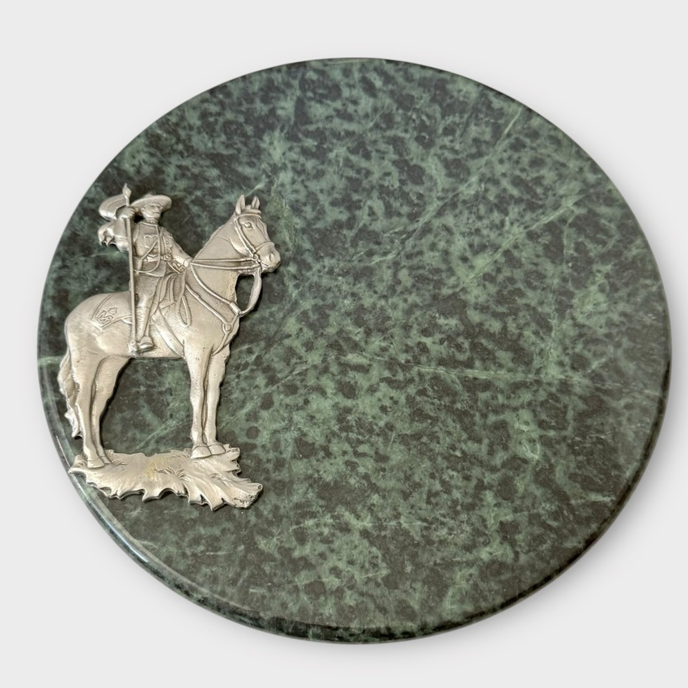 Green Marble Cheese Board with Pewter RCMP Horse and Rider
